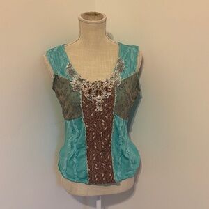 Young Essence Y2K Patchwork Tank Top | teal and paisley | size M
